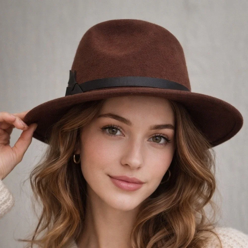 Universal Thread Brown 100% Wool Fedora Hat Wide Brim Boho Western Accessory‎